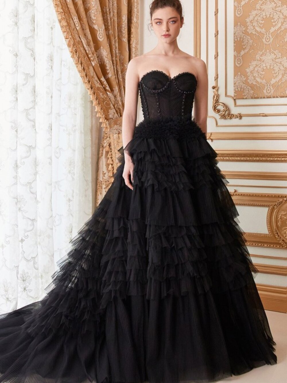 NEW LONG OFF THE SHOULDER SLEVELESS BALL GOWN WITH RUFFLED SKIRT & ZIP AL A1017